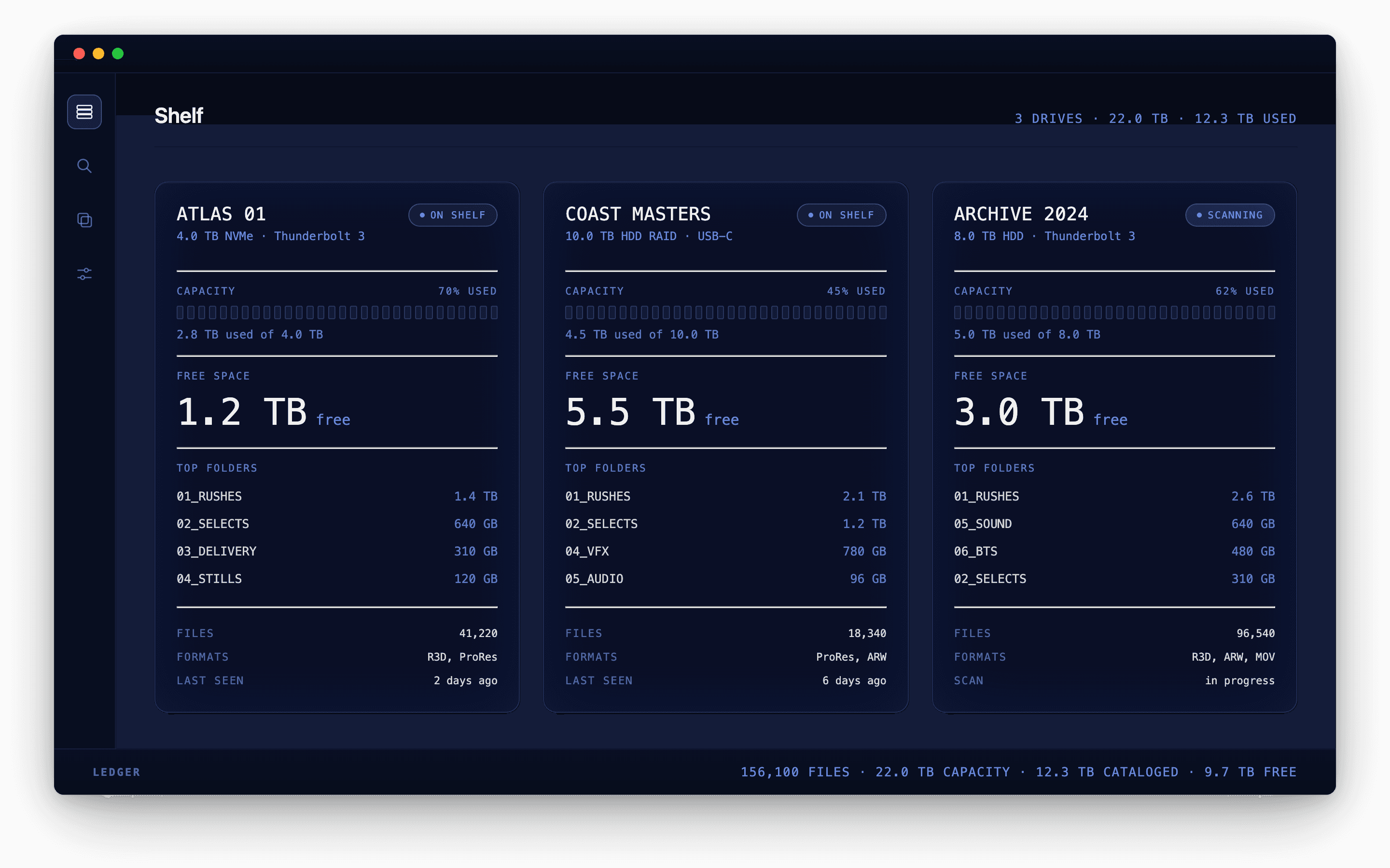 Guardian's shelf view: cataloged drives with segmented capacity gauges and free-space figures.